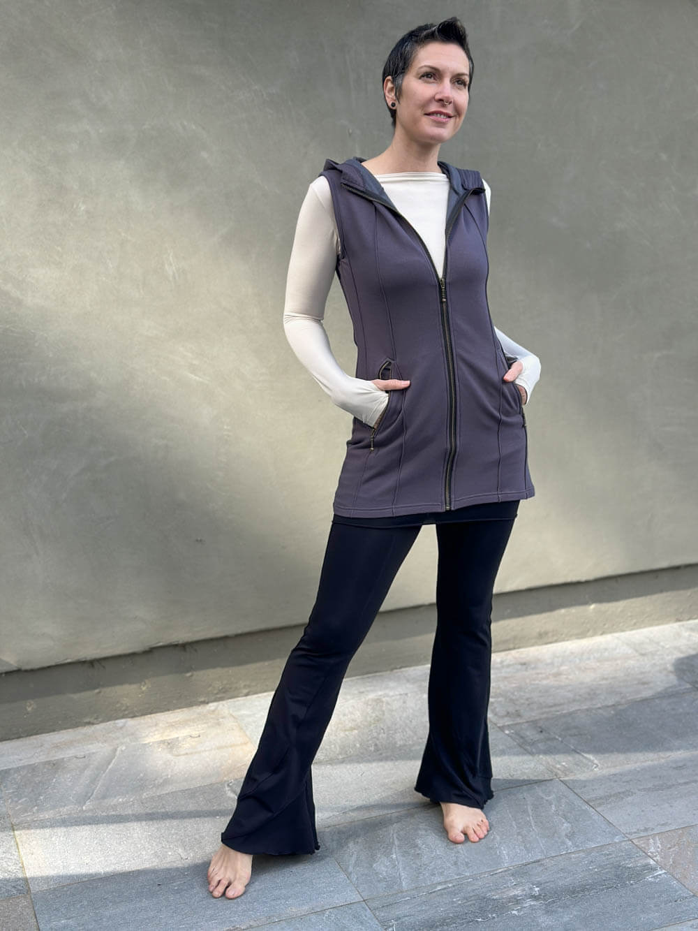 caraucci steel gray bamboo fleece hooded zipper vest with pockets #color_steel