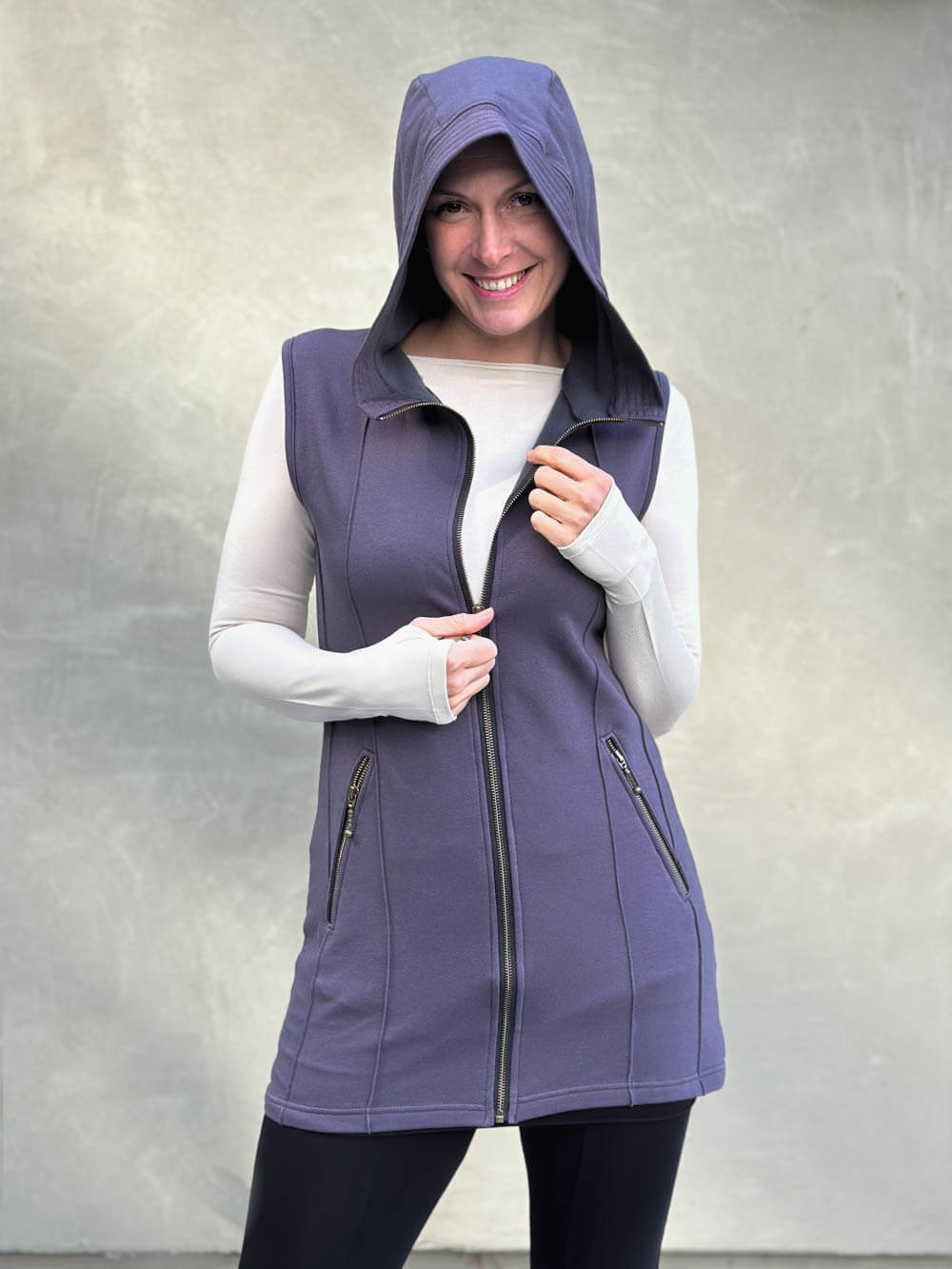 caraucci steel gray bamboo fleece hooded zipper vest with pockets #color_steel