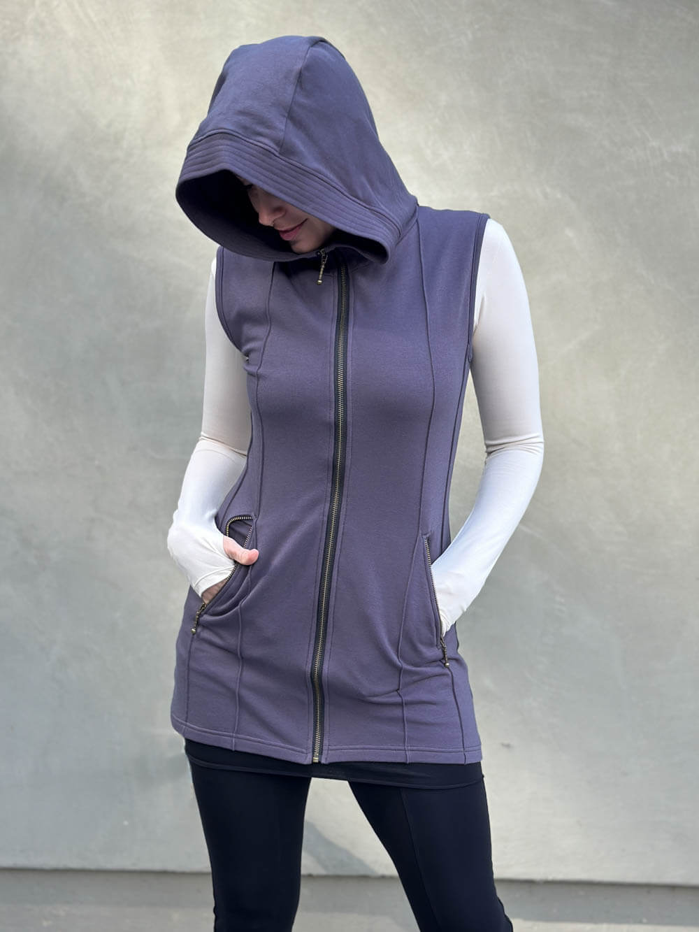 caraucci steel gray bamboo fleece hooded zipper vest with pockets #color_steel