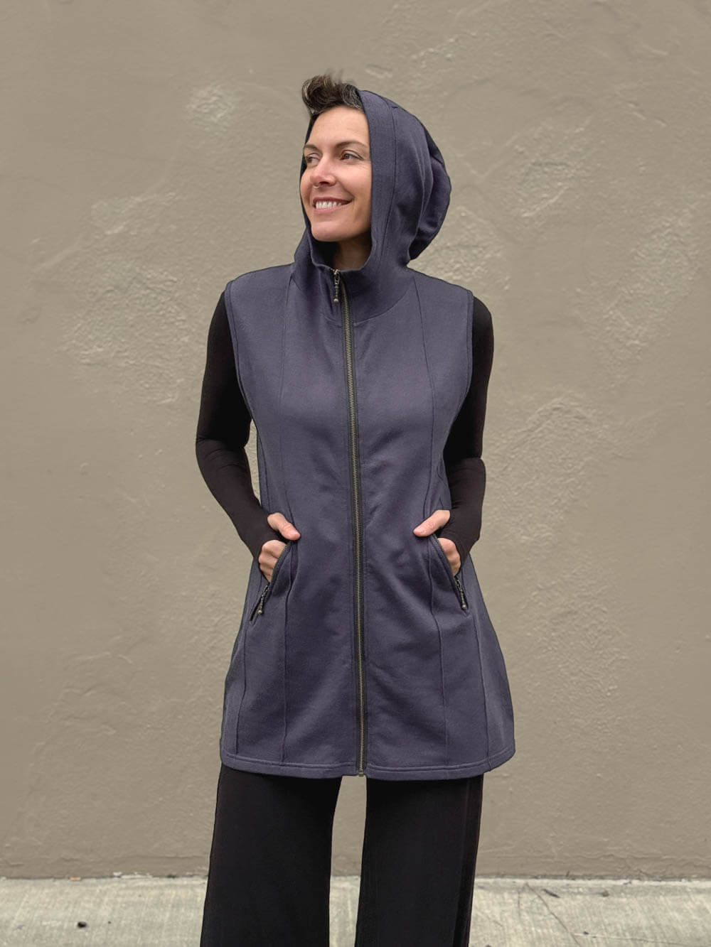 Bamboo Cotton Fleece Hooded Midi Vest | Women's Bamboo Outerwear