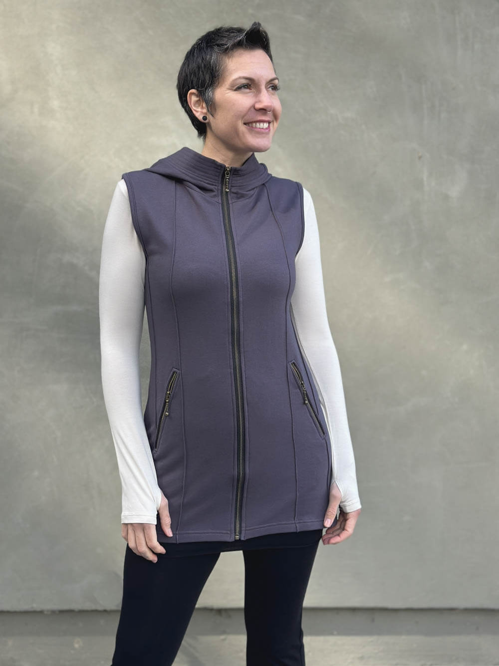 caraucci steel gray bamboo fleece hooded zipper vest with pockets #color_steel