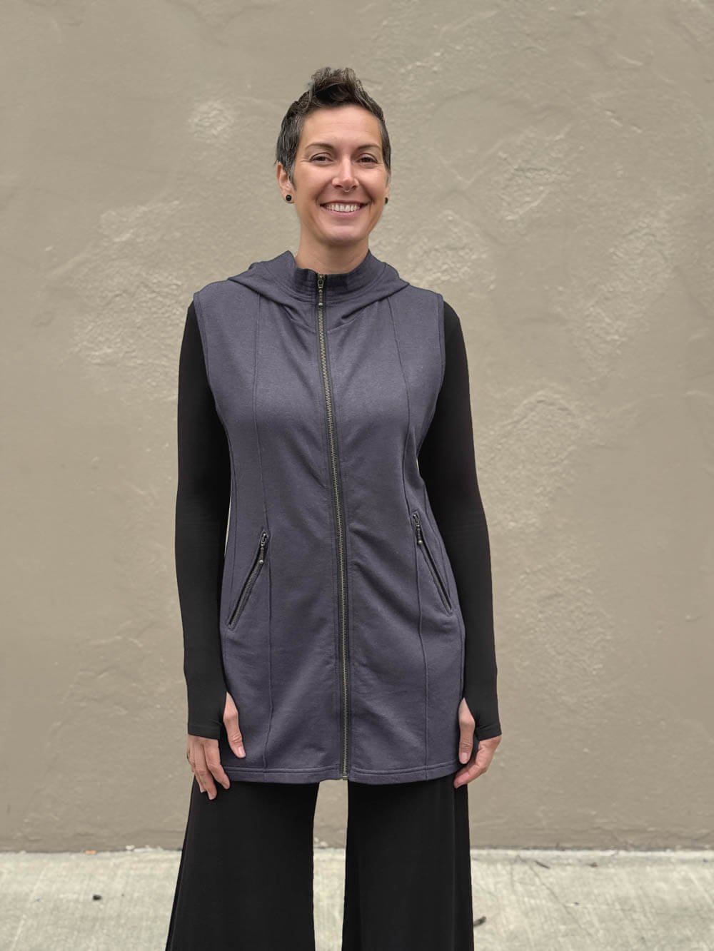 caraucci steel gray bamboo fleece hooded zipper vest with pockets #color_steel