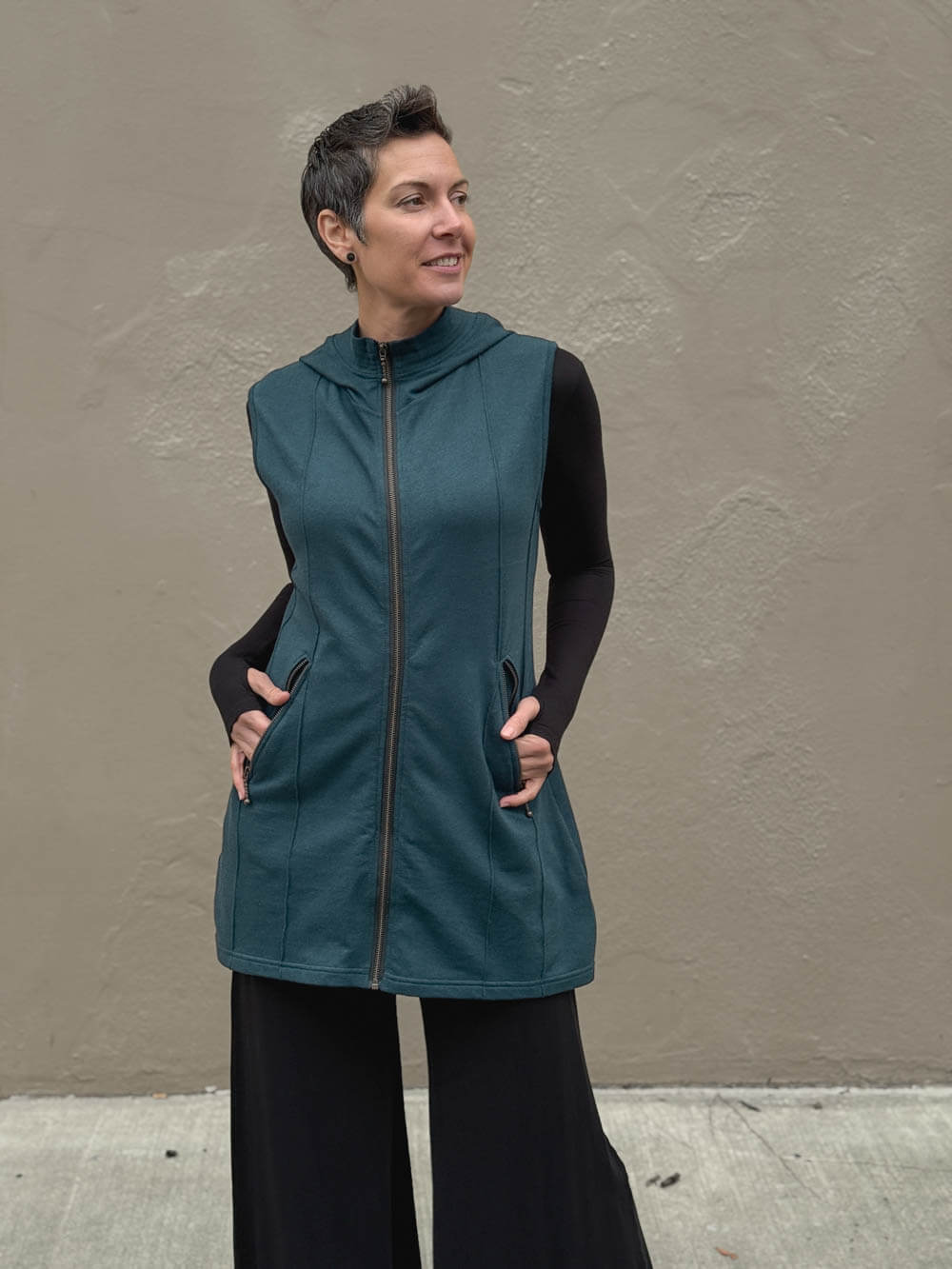 Bamboo Cotton Fleece Hooded Midi Vest | Women's Bamboo Outerwear