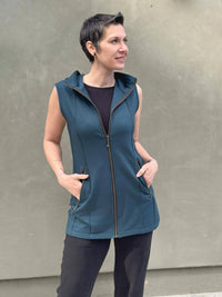 caraucci teal blue bamboo fleece hooded zipper vest with pockets #color_teal