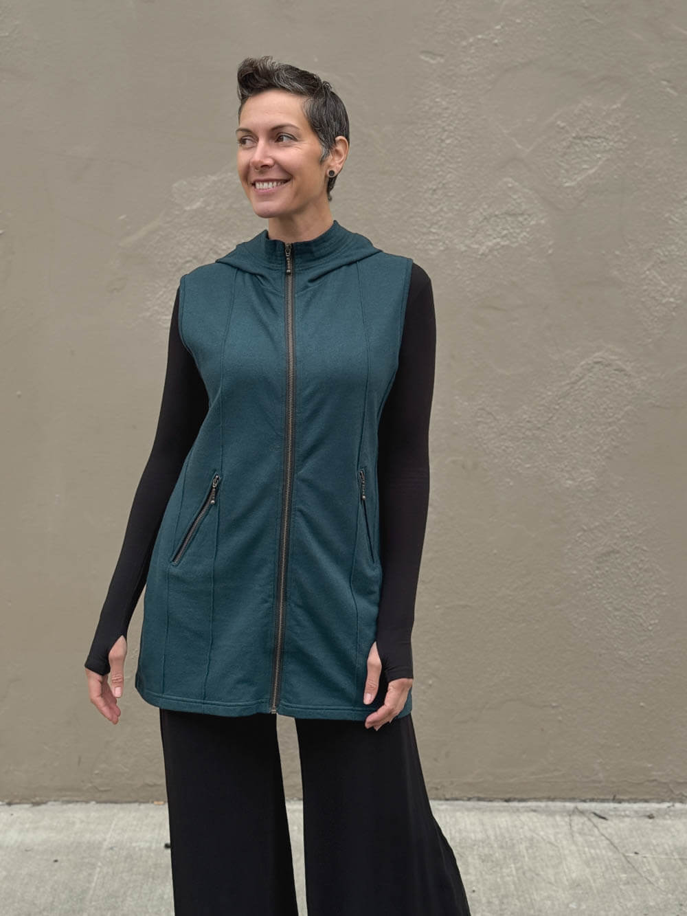 Bamboo Cotton Fleece Hooded Midi Vest | Women's Bamboo Outerwear