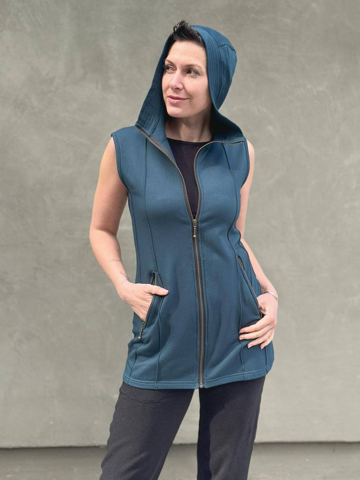 caraucci teal blue bamboo fleece hooded zipper vest with pockets #color_teal