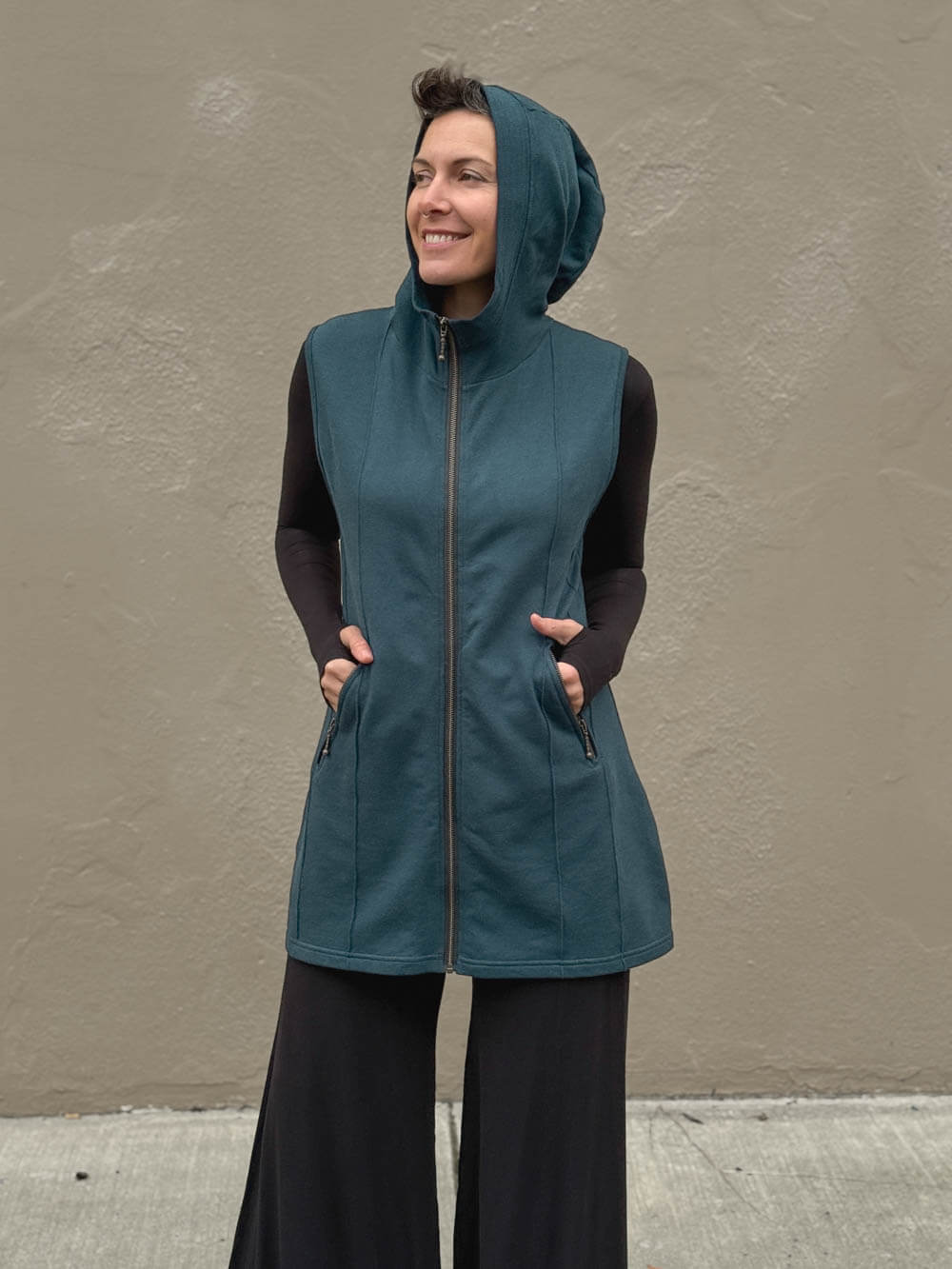 Bamboo Cotton Fleece Hooded Midi Vest | Women's Bamboo Outerwear