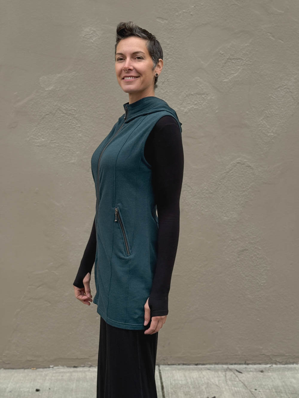 caraucci teal blue bamboo fleece hooded zipper vest with pockets #color_teal