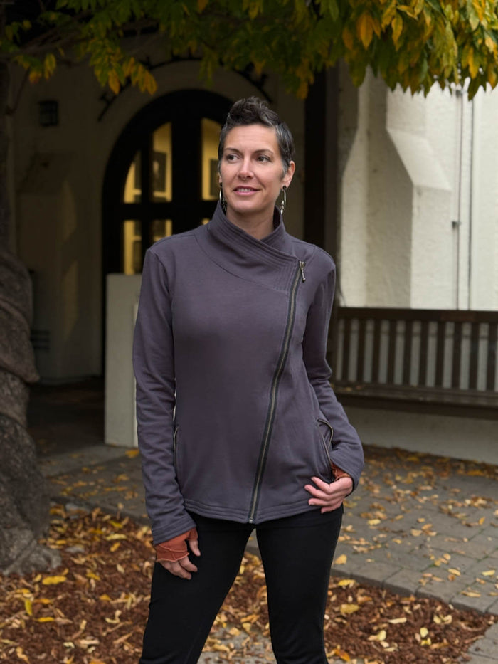 caraucci bamboo cotton fleece steel gray asymmetrical zipper jacket with pockets #color_steel