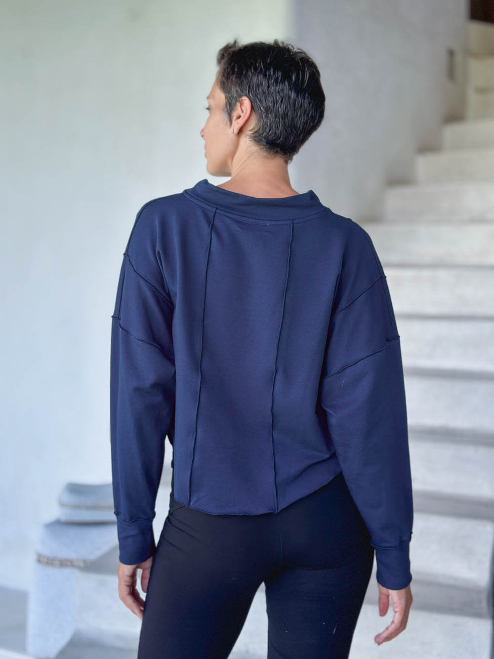 caraucci bamboo cotton fleece navy blue dolman sleeve pullover sweatshirt #color_navy