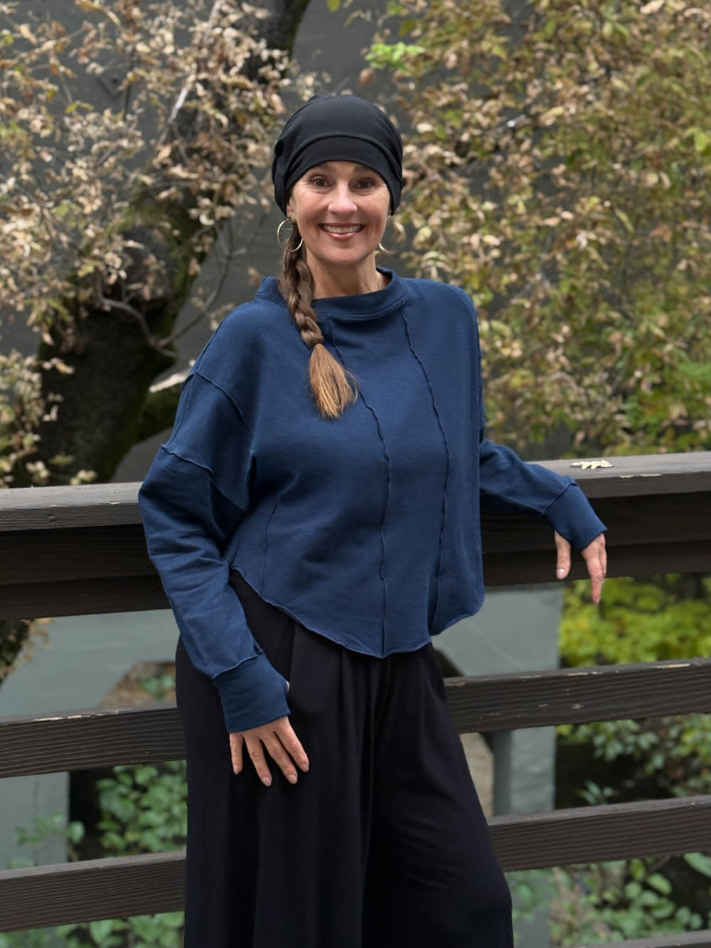 caraucci bamboo cotton fleece navy blue dolman sleeve pullover sweatshirt #color_navy