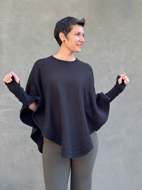 caraucci black bamboo cotton fleece oversized poncho with thumbholes #color_black