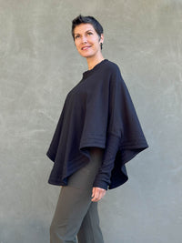 caraucci black bamboo cotton fleece oversized poncho with thumbholes #color_black