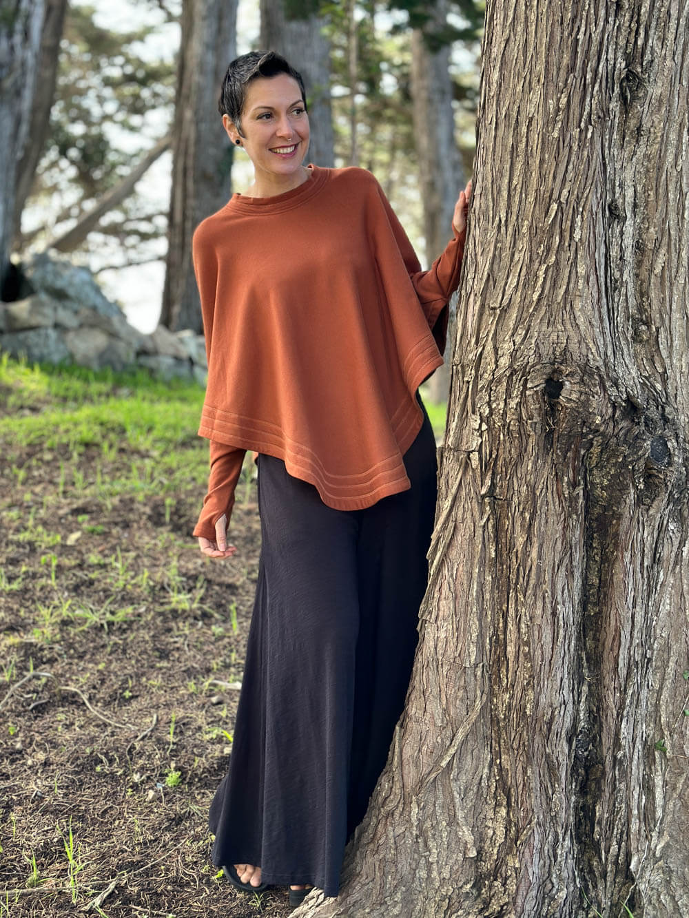 caraucci bamboo cotton fleece oversized poncho with thumbholes #color_copper