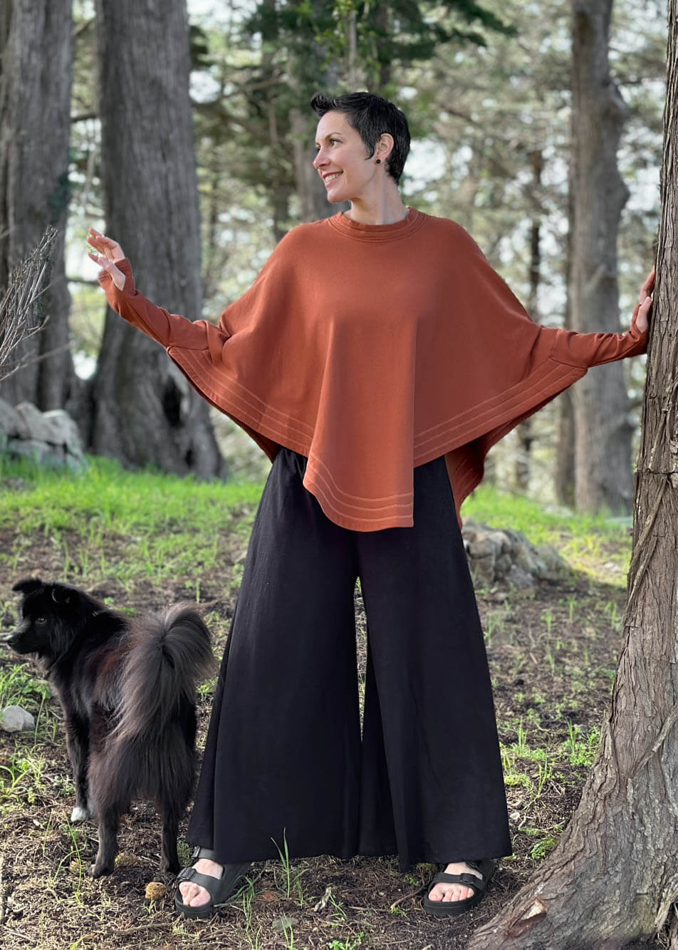 caraucci bamboo cotton fleece oversized poncho with thumbholes #color_copper