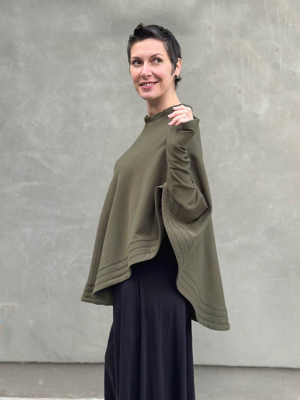 caraucci army green bamboo cotton fleece oversized poncho with thumbholes #color_forest