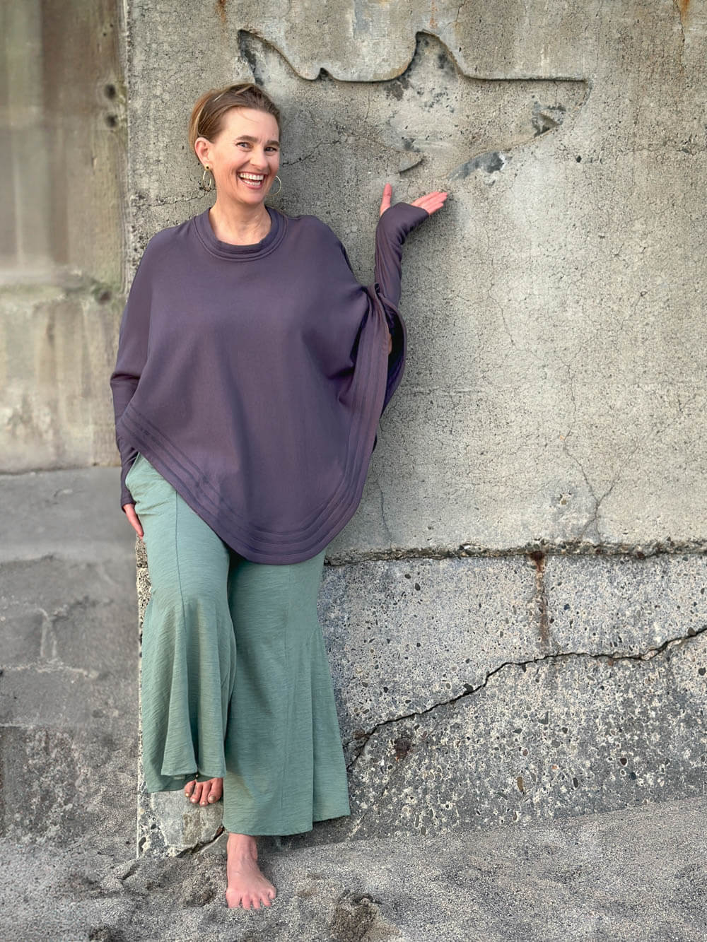 caraucci steel grey bamboo cotton fleece oversized poncho with thumbholes #color_steel