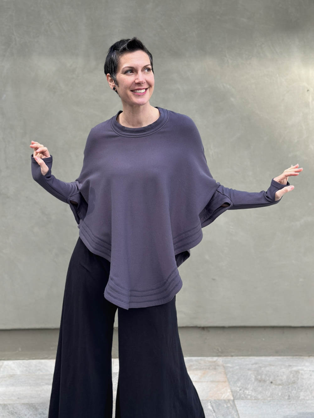 caraucci steel grey bamboo cotton fleece oversized poncho with thumbholes #color_steel