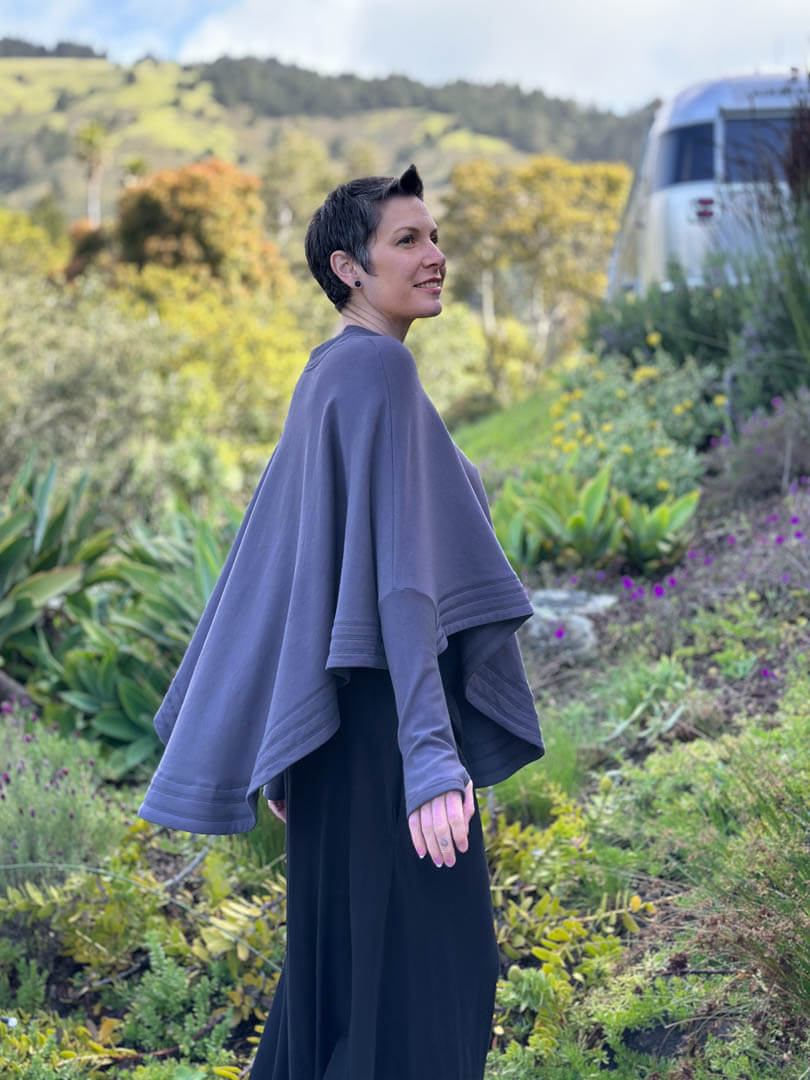 caraucci steel grey bamboo cotton fleece oversized poncho with thumbholes #color_steel