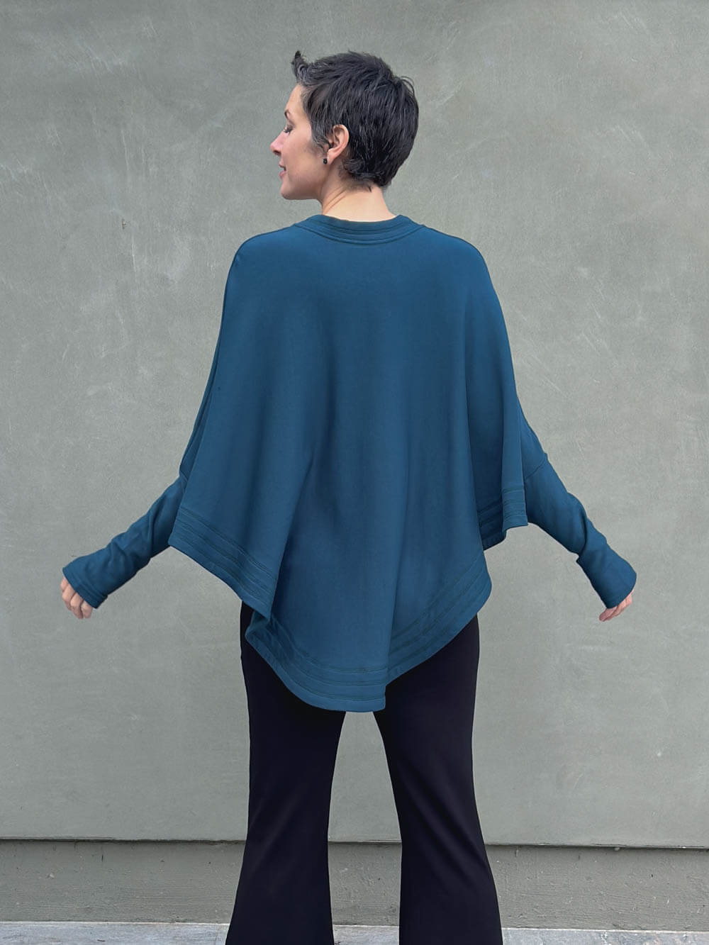 caraucci teal blue bamboo cotton fleece oversized poncho with thumbholes #color_teal