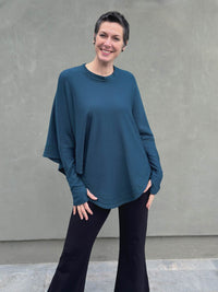 caraucci teal blue bamboo cotton fleece oversized poncho with thumbholes #color_teal