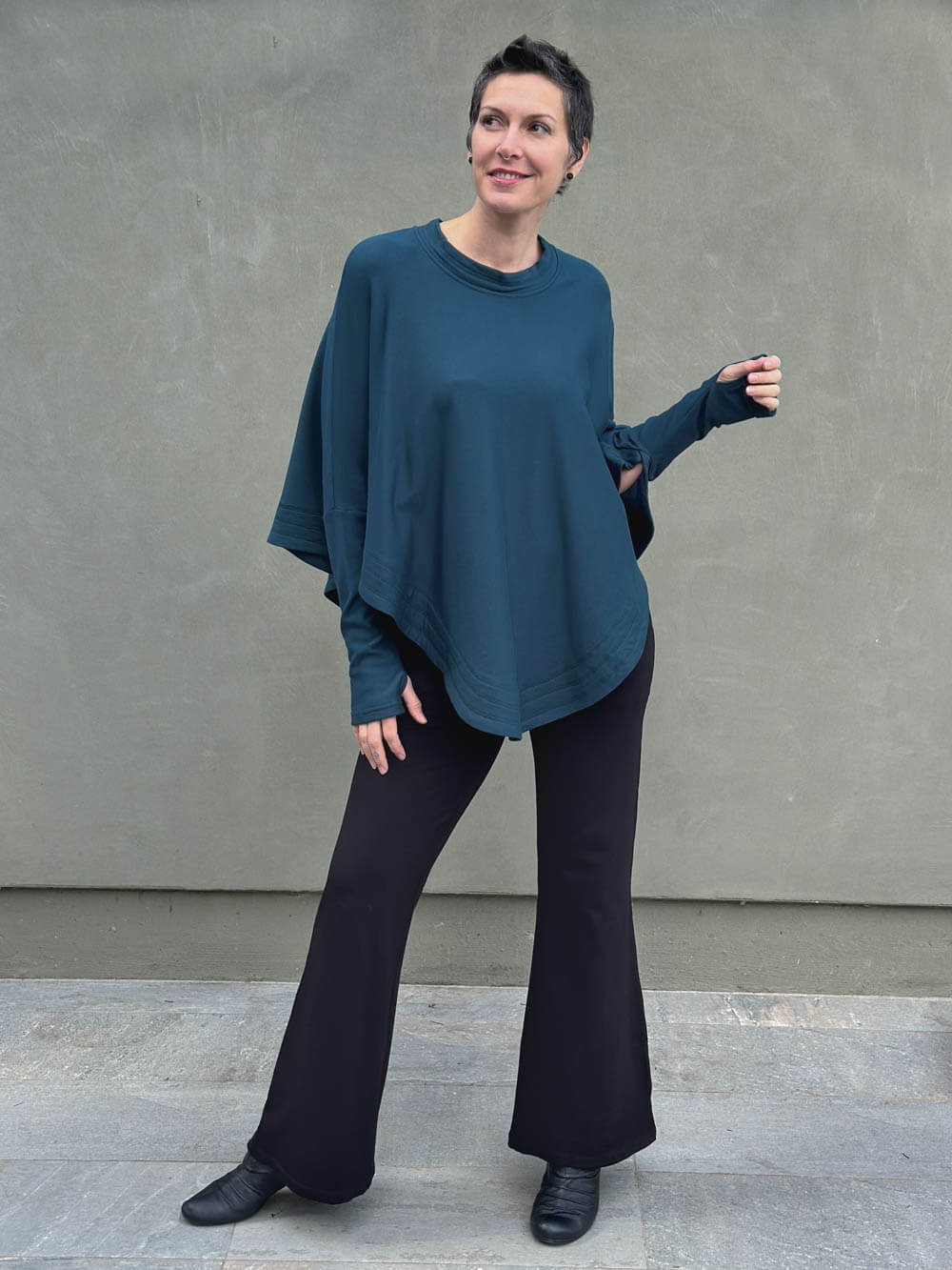 caraucci teal blue bamboo cotton fleece oversized poncho with thumbholes #color_teal