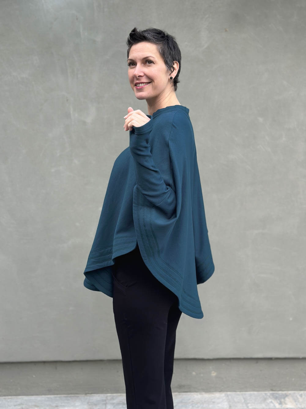 caraucci teal blue bamboo cotton fleece oversized poncho with thumbholes #color_teal