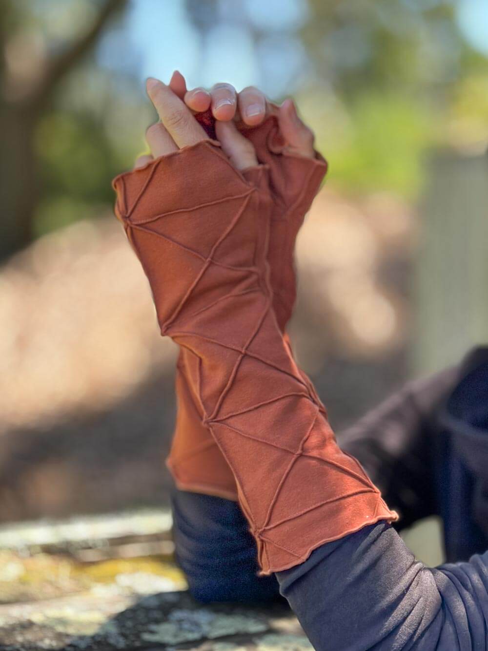 caraucci bamboo cotton fleece textured orange fingerless gloves #color_copper