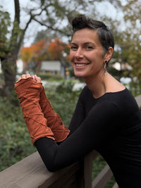 caraucci bamboo cotton fleece textured orange fingerless gloves #color_copper