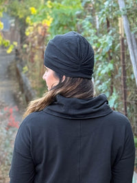 caraucci black bamboo cotton fleece turban hat #color_black