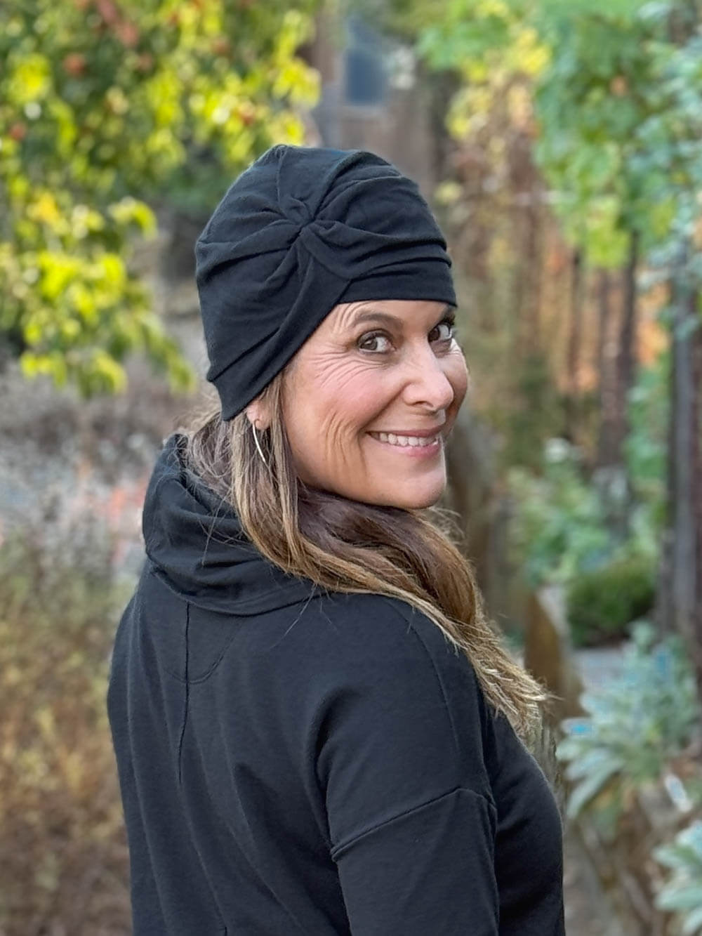 caraucci black bamboo cotton fleece turban hat #color_black