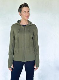 caraucci women's green bamboo fleece zipper hoodie jacket with 2 front pockets #color_forest