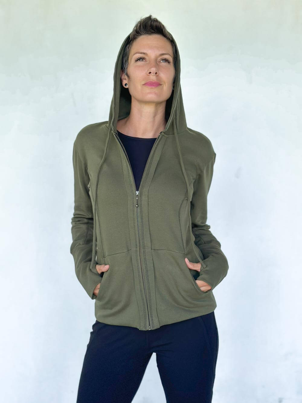 caraucci women's green bamboo fleece zipper hoodie jacket with 2 front pockets #color_forest