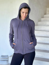 caraucci women's steel grey bamboo fleece zipper hoodie jacket with 2 front pockets #color_steel