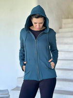 caraucci women's teal blue bamboo fleece zipper hoodie jacket with 2 front pockets #color_teal