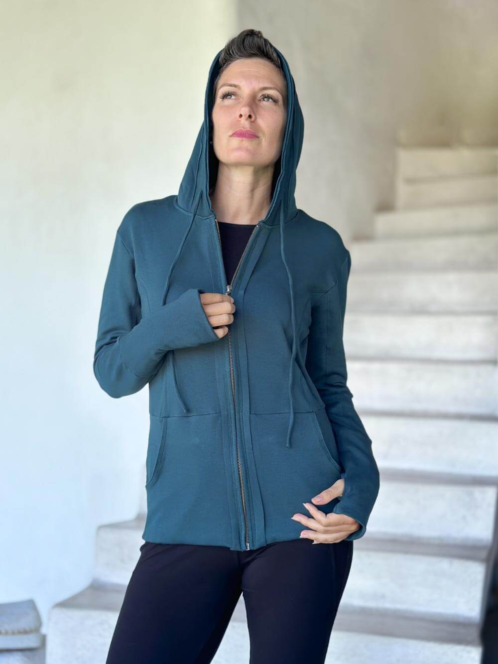 caraucci women's teal blue bamboo fleece zipper hoodie jacket with 2 front pockets #color_teal