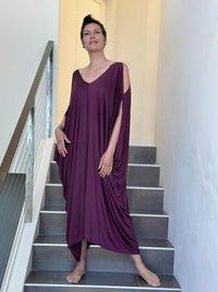 caraucci oversized purple bamboo open shoulder kaftan #color_jam