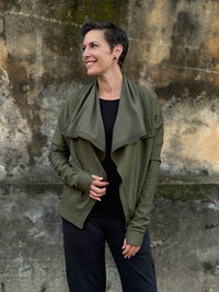 caraucci forest green bamboo fleece jacket, shown open with a draped shawl color with thumbholes and pockets #color_forest