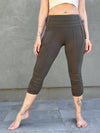 women's cotton lycra stretchy army green capri leggings with ruched knees and raised detail stitching #color_forest