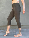 women's cotton lycra stretchy army green capri leggings with ruched knees and raised detail stitching #color_forest