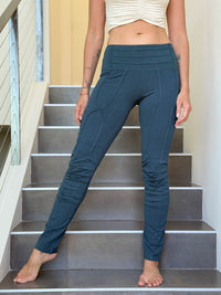 caraucci bamboo spandex teal blue legging pants with raised stitch details and 2 zipper pockets #color_teal