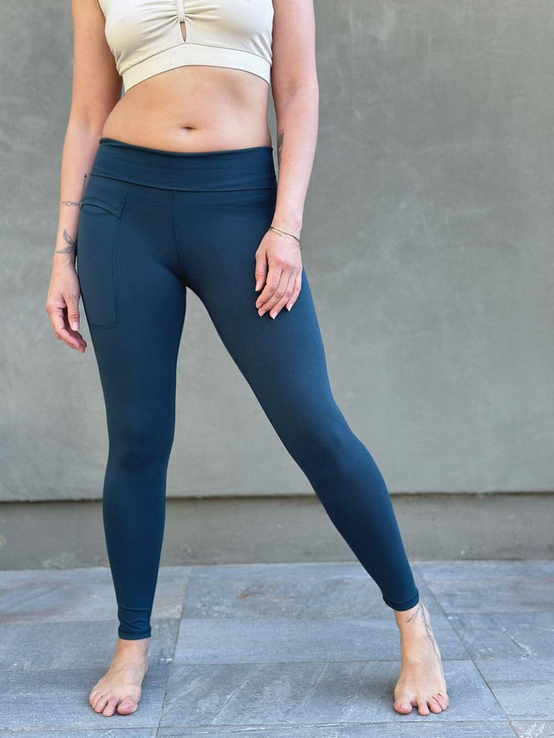 caraucci women's bamboo spandex full length teal blue pocket leggings with a fold over waistband #color_teal