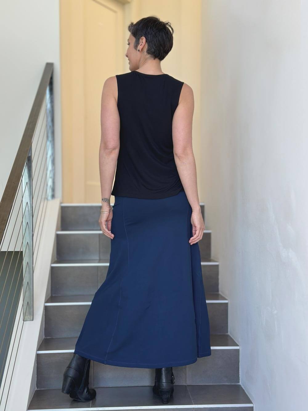 women's bamboo spandex stretchy navy blue long skirt with two pockets #color_navy