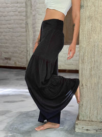 caraucci bella pants tiered wide leg black cotton jersey pants with adjustable waist tie #color_black