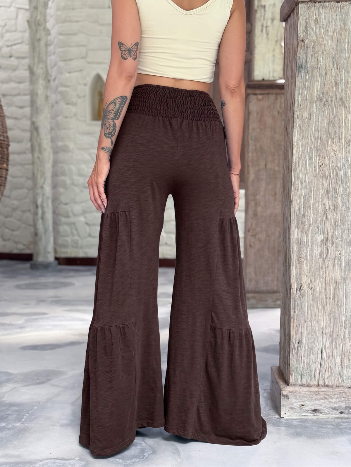 caraucci bella pants tiered wide leg brown cotton jersey pants with adjustable waist tie #color_cocoa