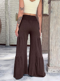 caraucci bella pants tiered wide leg brown cotton jersey pants with adjustable waist tie #color_cocoa