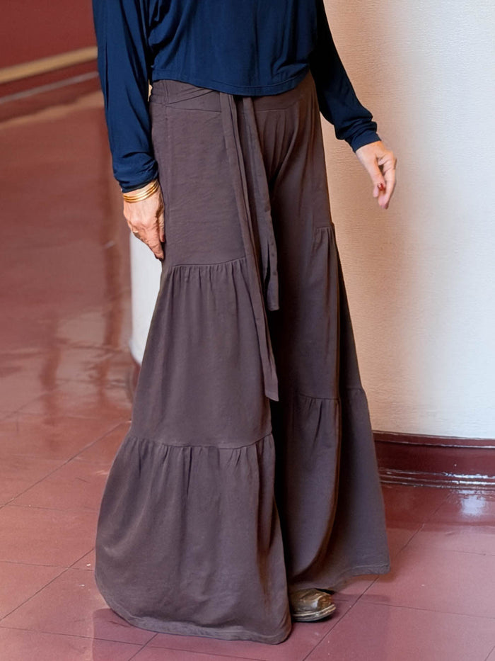caraucci bella pants tiered wide leg brown cotton jersey pants with adjustable waist tie #color_cocoa