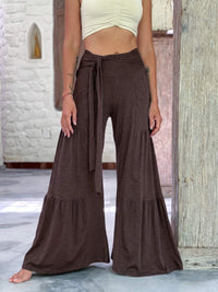 caraucci bella pants tiered wide leg brown cotton jersey pants with adjustable waist tie #color_cocoa
