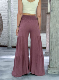 caraucci bella pants tiered wide leg dusty mauve cotton jersey pants with adjustable waist tie #color_mangosteen