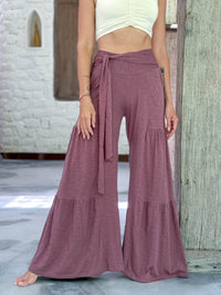 caraucci bella pants tiered wide leg dusty mauve cotton jersey pants with adjustable waist tie #color_mangosteen